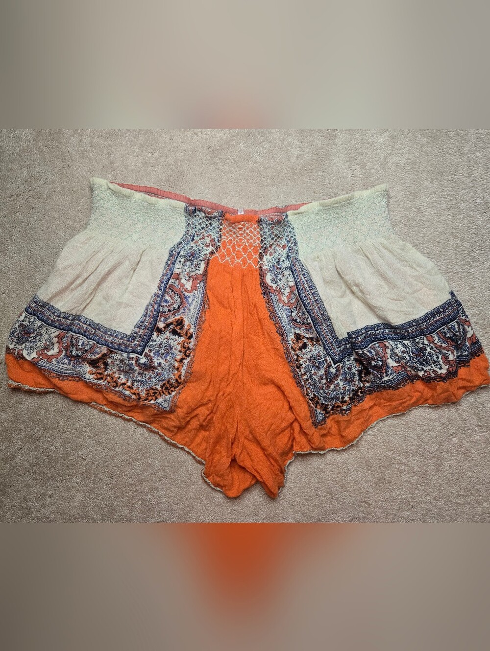 Free People Coral & Cream Paisley Smocked Top